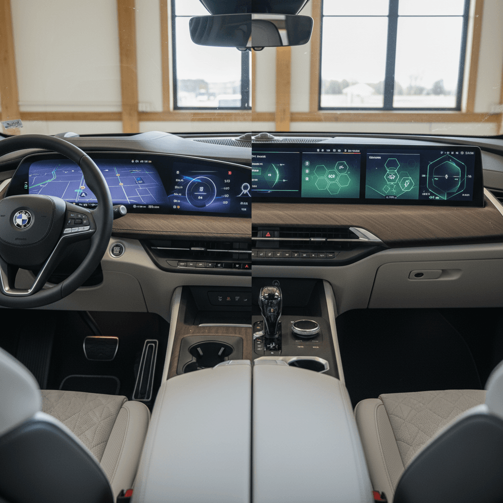 Interior comparison showing Cadillac Lyriq and BMW iX dashboards, highlighting screens, steering wheels, and material choices