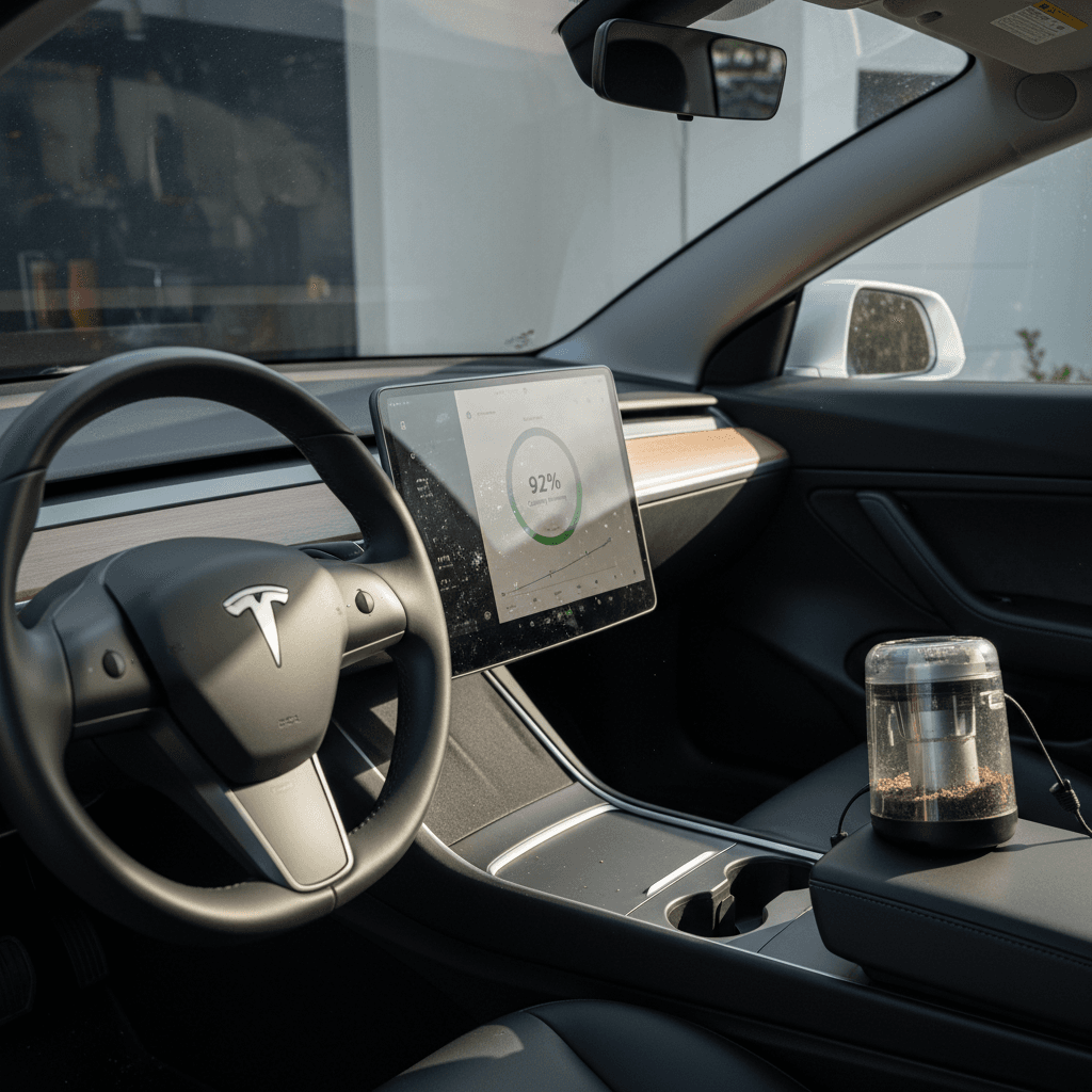 Owner cleaning the interior of a white Tesla Model 3 and checking its battery health on a smartphone before selling