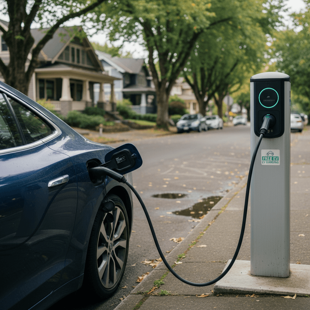 Electric car plugged into a curbside Level 2 charger on a Portland residential street with houses and trees nearby