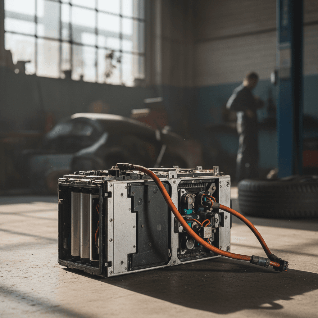 Nissan Leaf on a lift with the traction battery pack visible from below