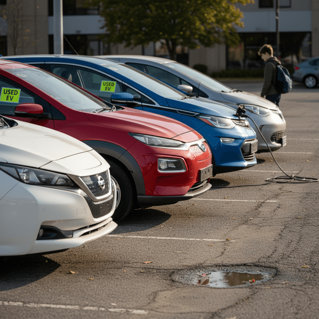 Row of compact used electric cars, including a Nissan Leaf, Chevy Bolt EV and Tesla Model 3, parked at a dealership lot.