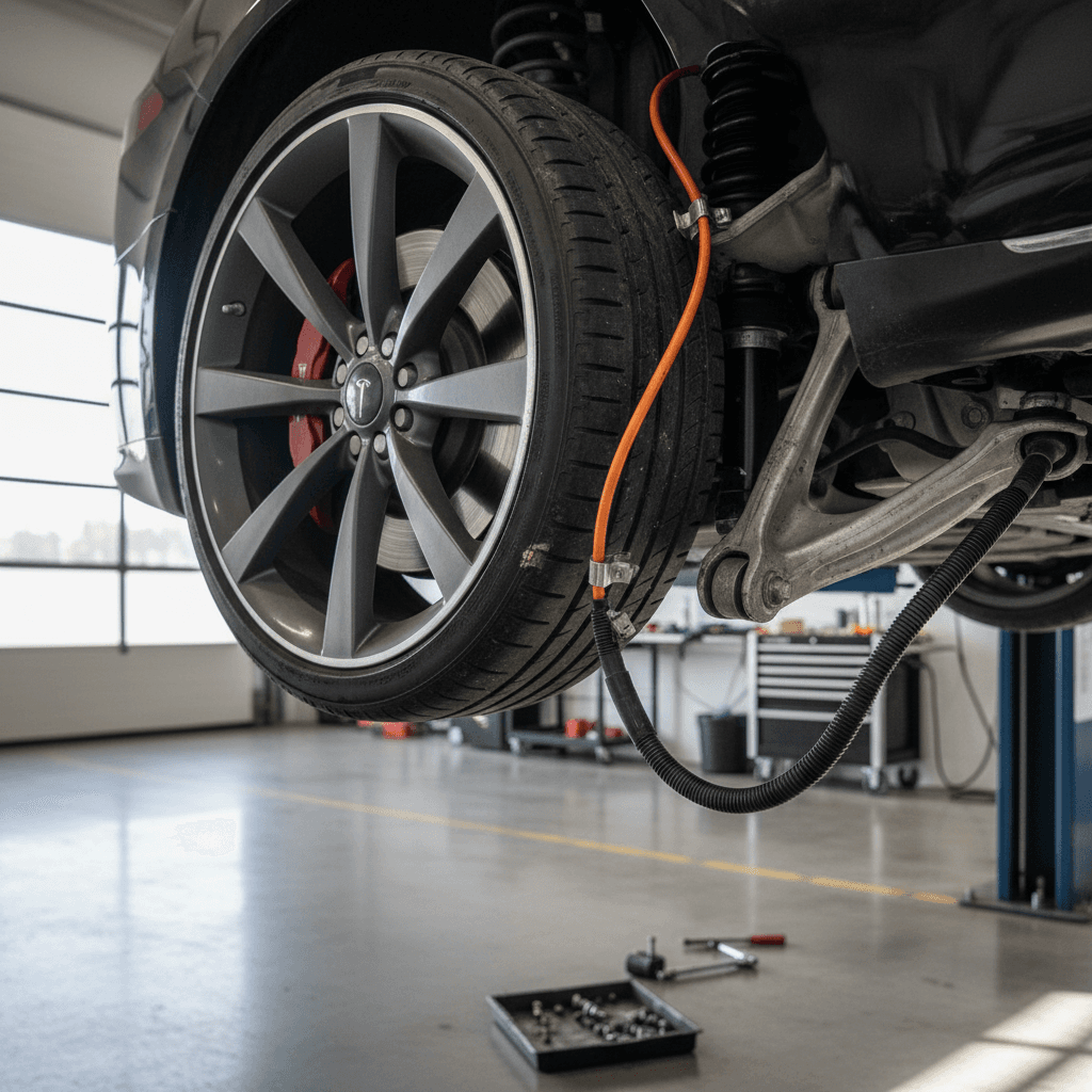 2023 Tesla Model S on a lift with a technician inspecting suspension and control arms