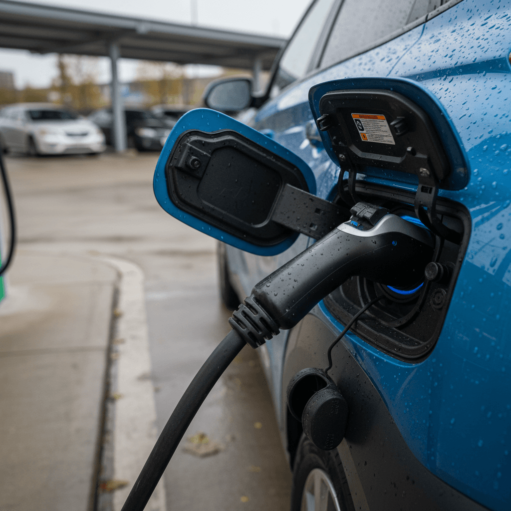 Hyundai Kona Electric plugged into a DC fast charger at a public charging plaza