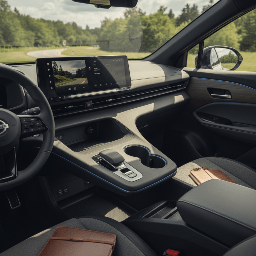 Nissan Ariya interior with dual screens, ambient lighting, and floating center console