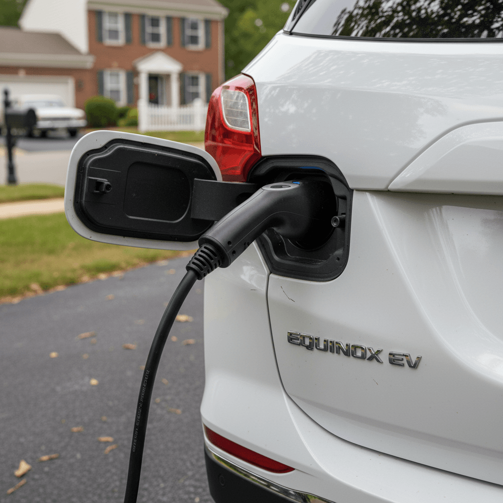 Chevrolet Equinox EV charging at a home Level 2 charger, rear three-quarter view