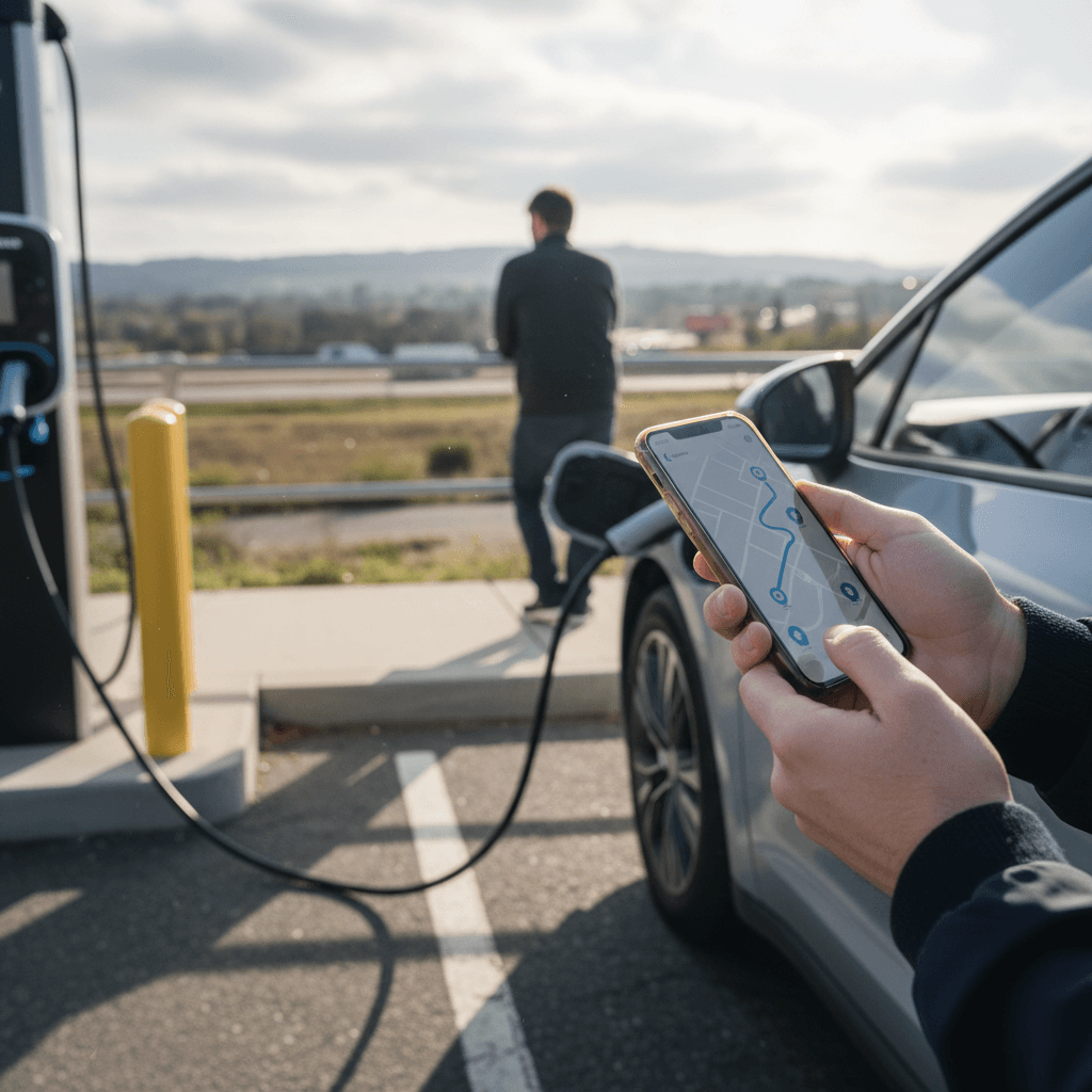 EV driver checking an EV route planning app on their phone while the car charges at a fast charger