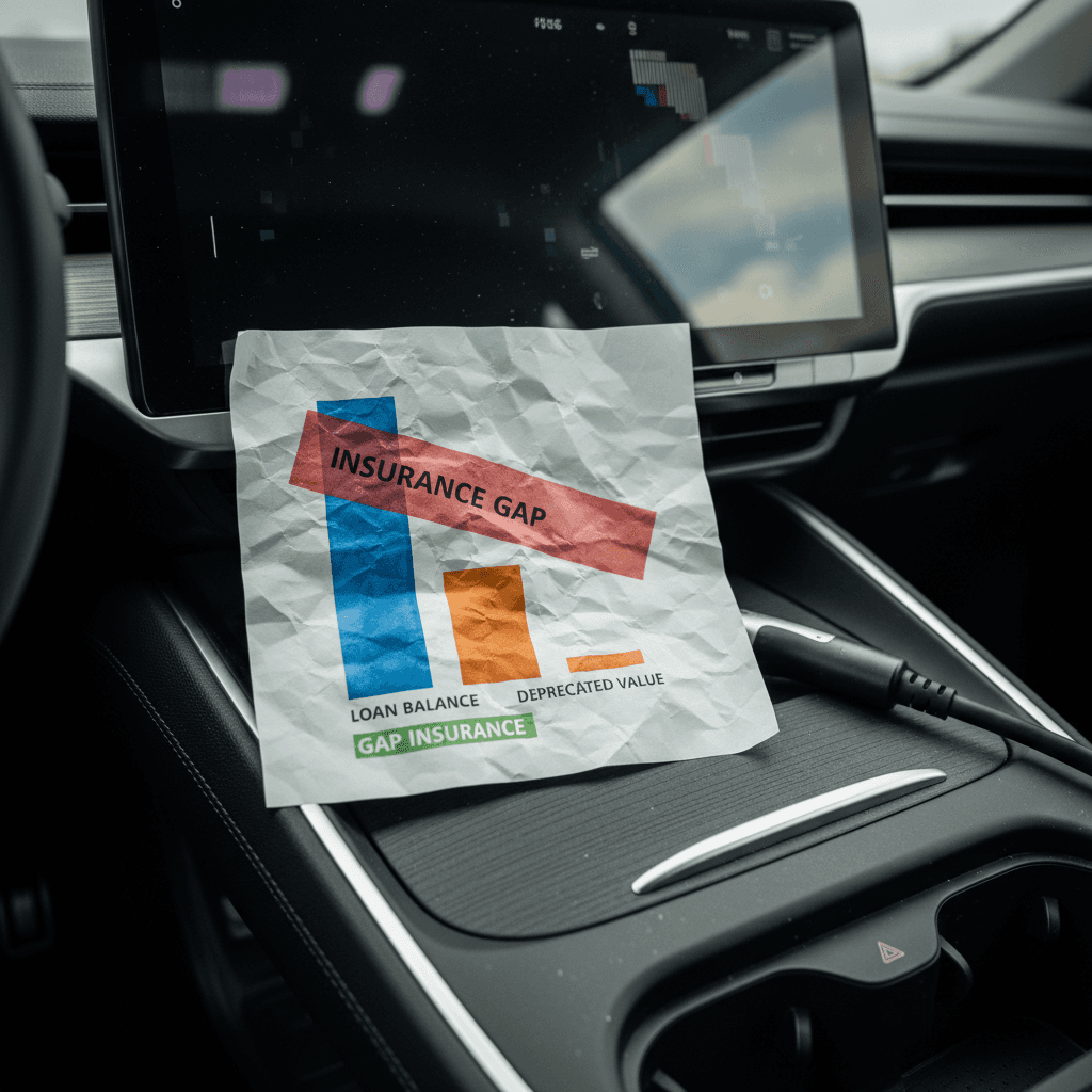 Chart comparing an electric car’s loan balance to its faster early depreciation, showing where gap insurance fills the shortfall after a total loss
