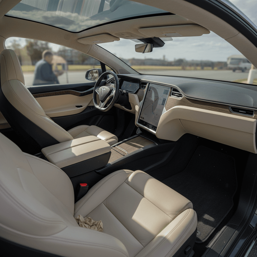 Three-row interior of a 2024 Tesla Model X highlighting spacious seating and center touchscreen