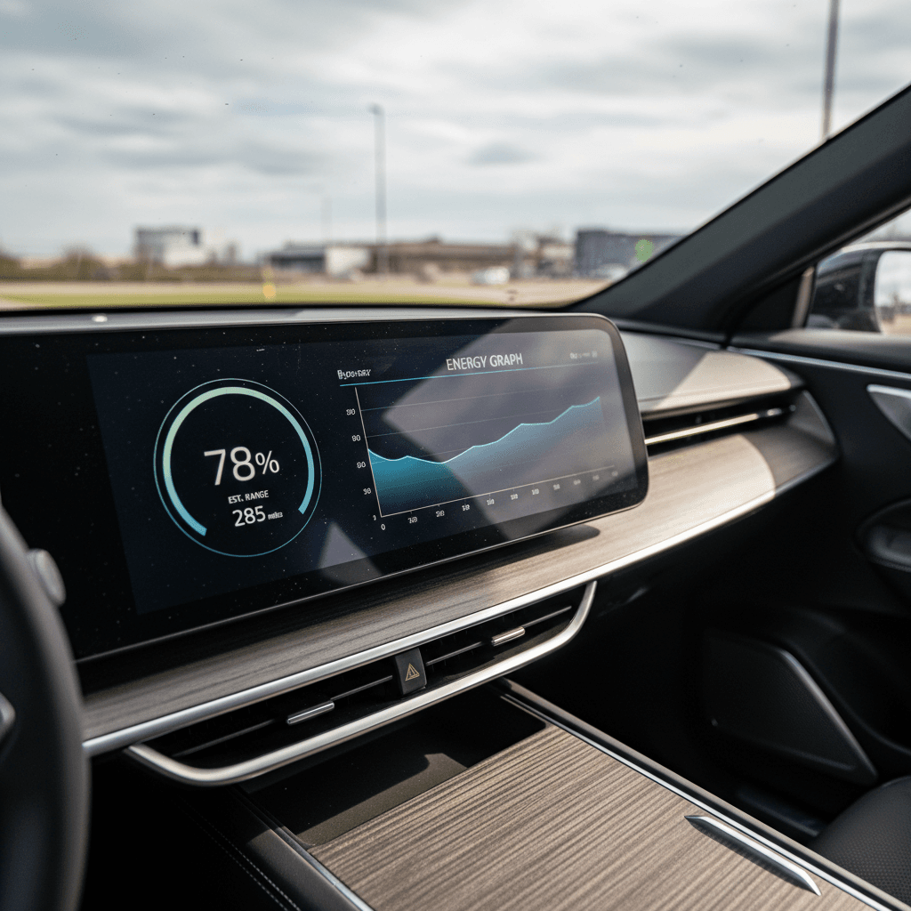 Lucid Air digital display showing battery state of charge, estimated range, and energy consumption graph