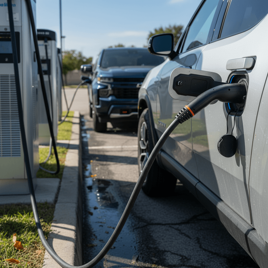 Electric pickup truck plugged into a DC fast charger at a public station