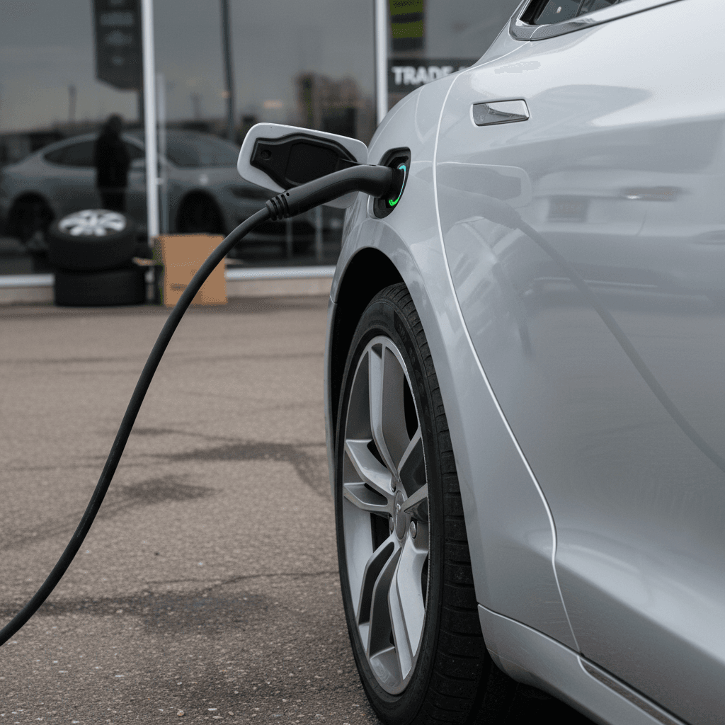 Close up of a Tesla Model S at a dealership being evaluated for trade‑in, showing wheel and charging port