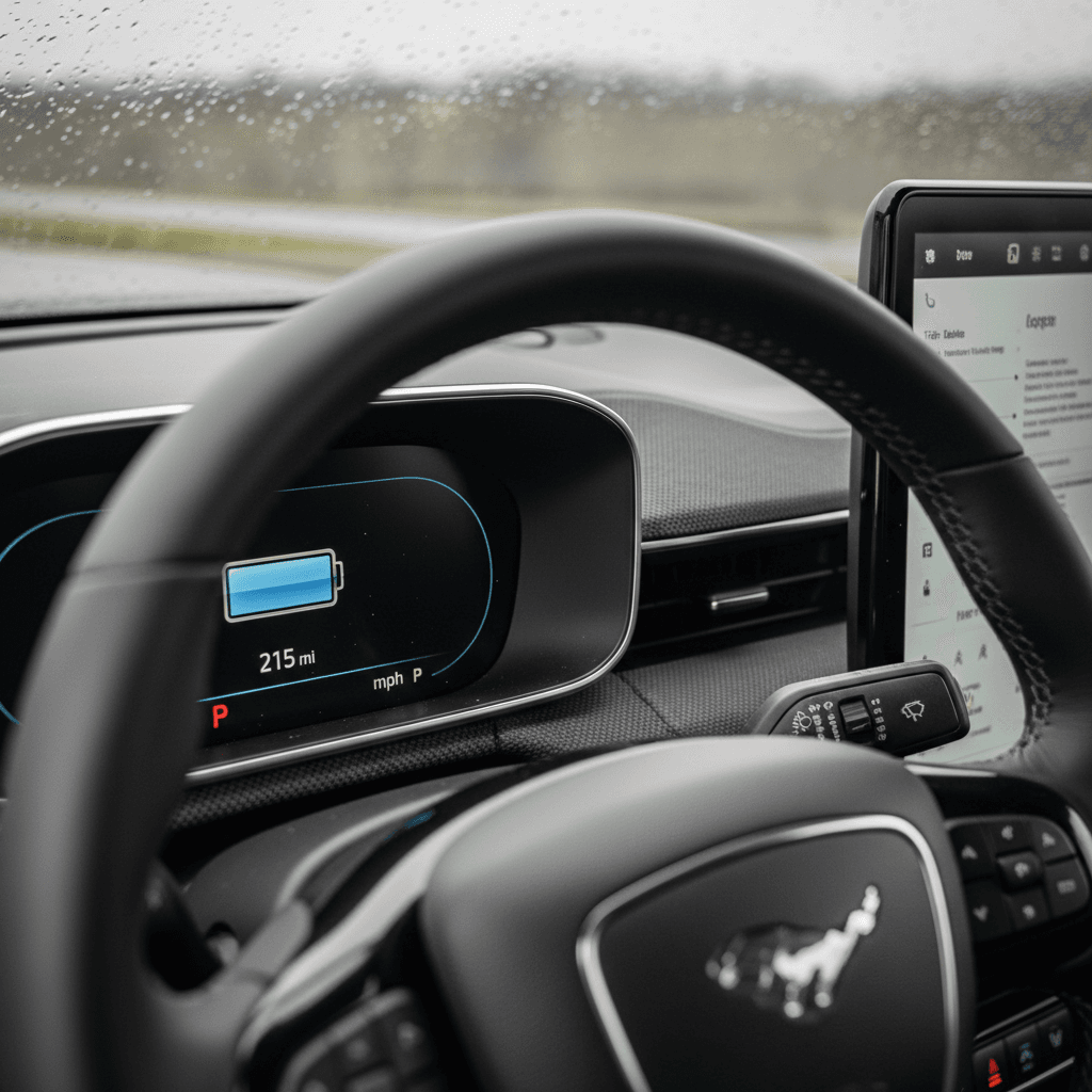 Ford Mustang Mach-E instrument cluster showing remaining range and battery charge while driving on the highway