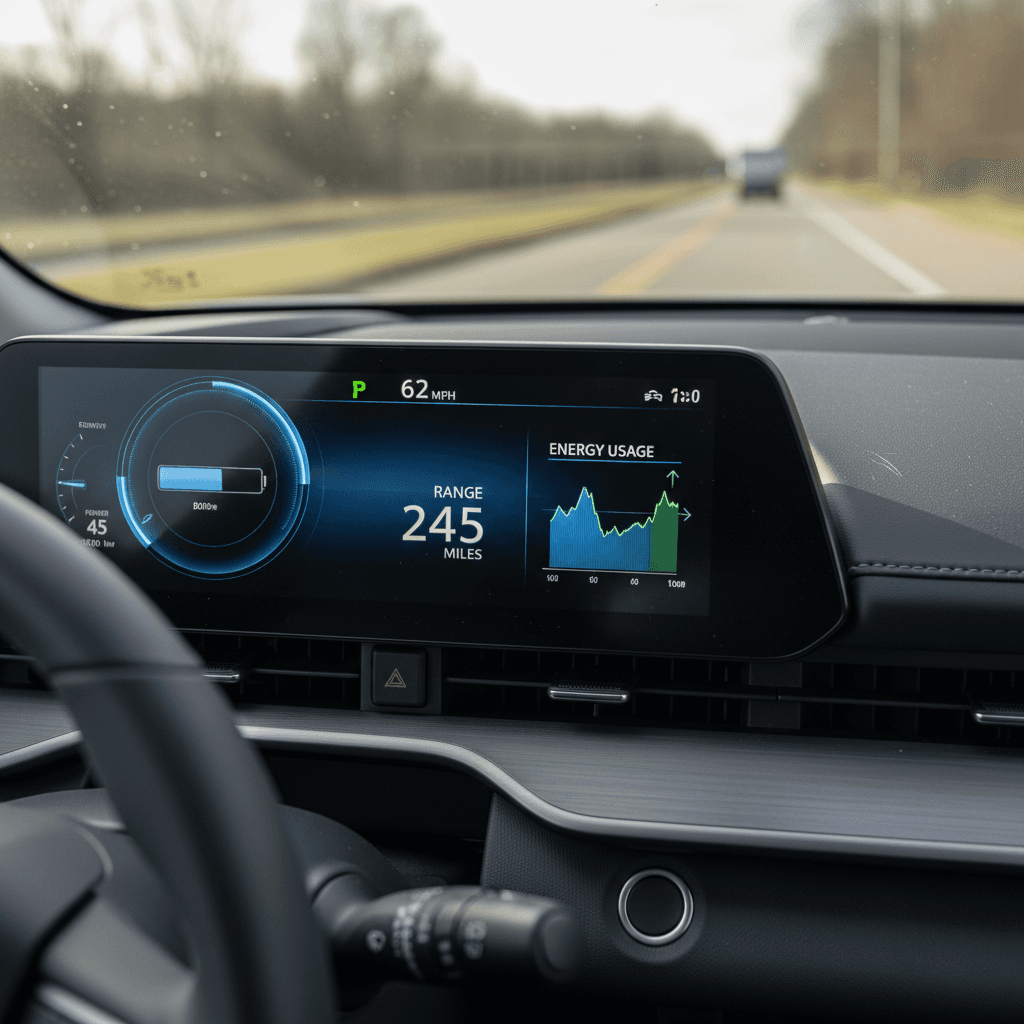 Nissan Ariya digital instrument cluster showing battery state of charge and driving range while cruising on the highway