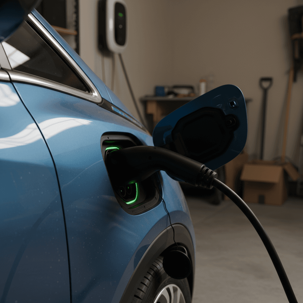 Chevrolet Bolt EV plugged into a Level 2 wall charger in a home garage, showing the charge port and cable connection