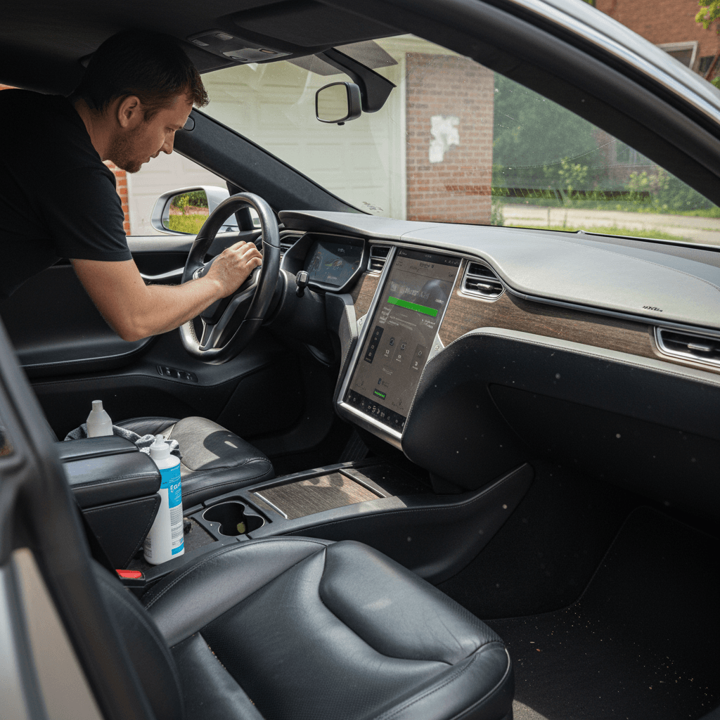 Owner cleaning the interior and screen of a Tesla Model S before selling it