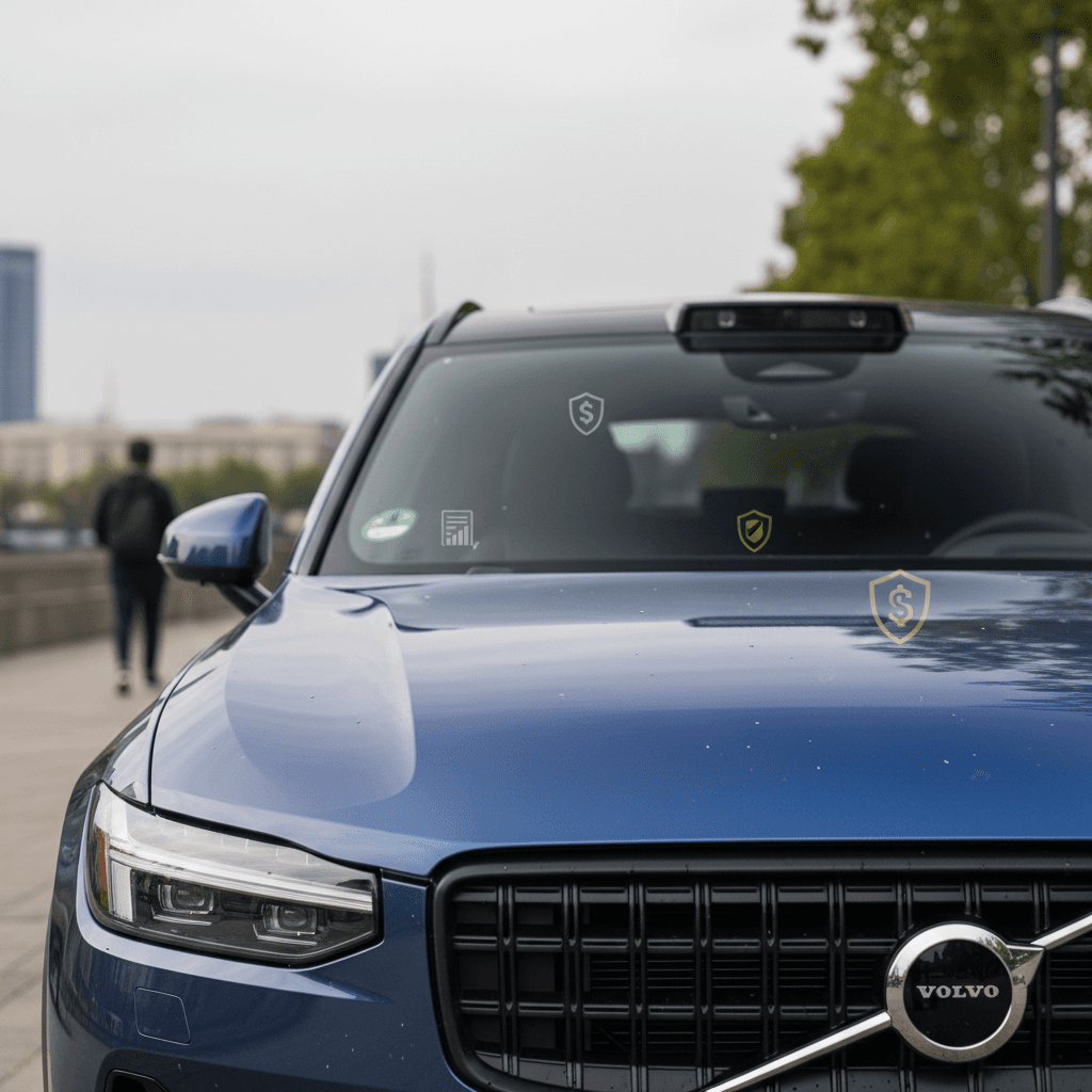 Front view of a Volvo EX90 highlighting its lidar and camera safety sensors, suggesting potential insurance discounts for advanced driver assistance
