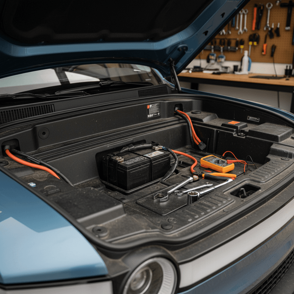 Technician working in the front trunk area of a Rivian R1T where the 12V low voltage battery is located