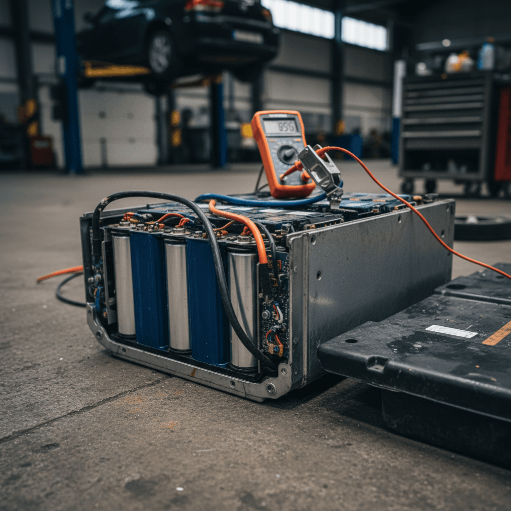 Technician reviewing EV battery pack diagnostic data on a tablet next to an electric car