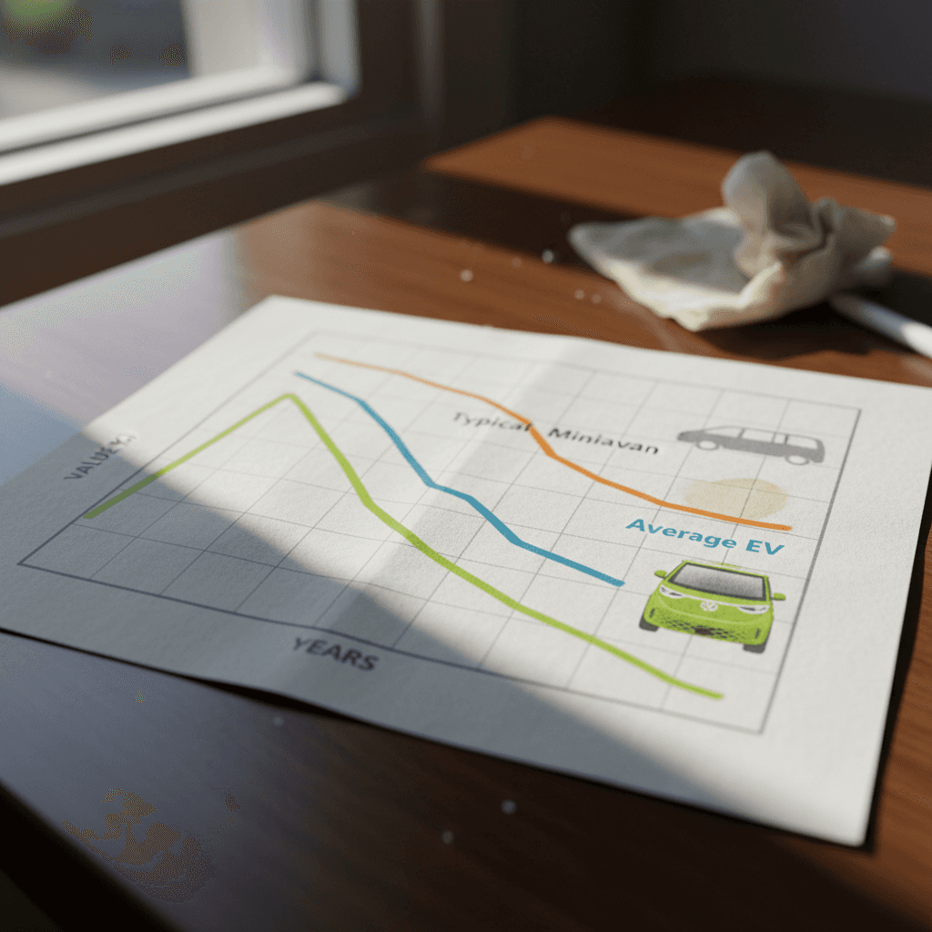 Illustrated resale value chart showing the VW ID. Buzz depreciation curve compared with a typical gas minivan and the average EV over 10 years