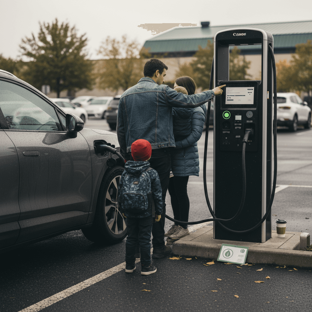 Family charging their electric car at a public charging station in a parking lot