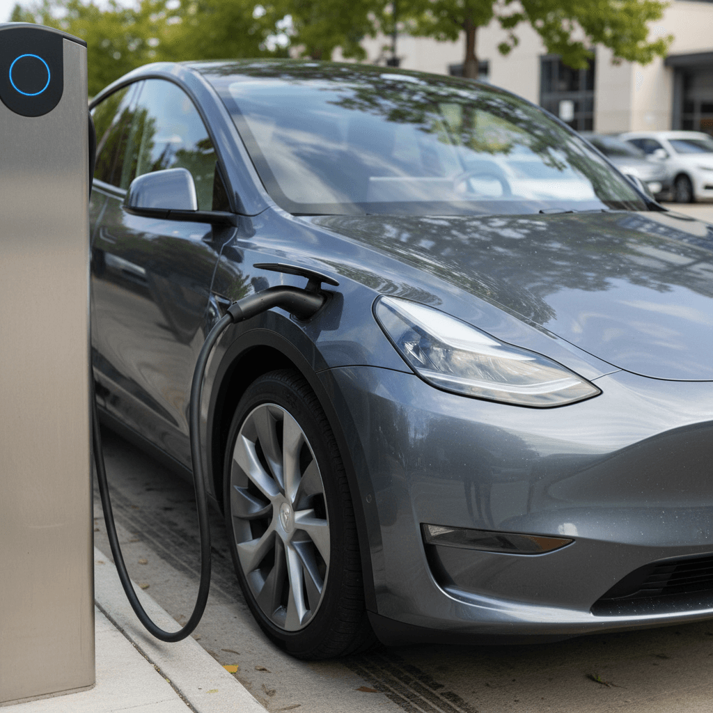 Close-up of a 2025 Tesla Model Y plugged into a home charger, highlighting the charge port and rear quarter panel.