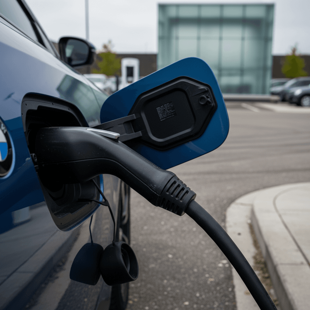 2024 BMW i4 plugged into a public DC fast charger at a modern station