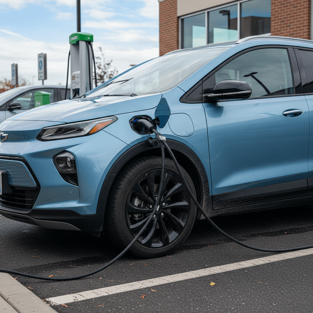 Blue 2022 Chevrolet Bolt EUV parked at a public charging station, highlighting its compact crossover shape