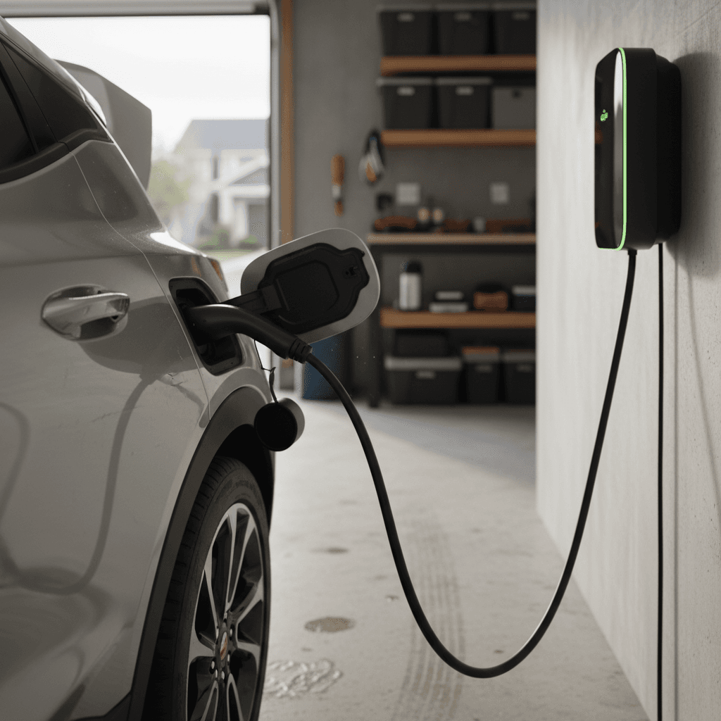 Chevrolet Bolt EUV charging on a wall-mounted Level 2 home charger in a modern two-car garage