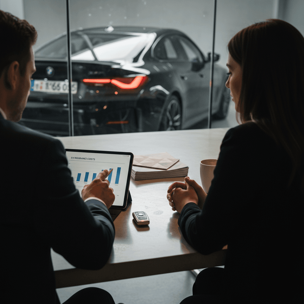 Insurance professional and BMW i4 owner reviewing EV coverage options on a tablet at a modern office table