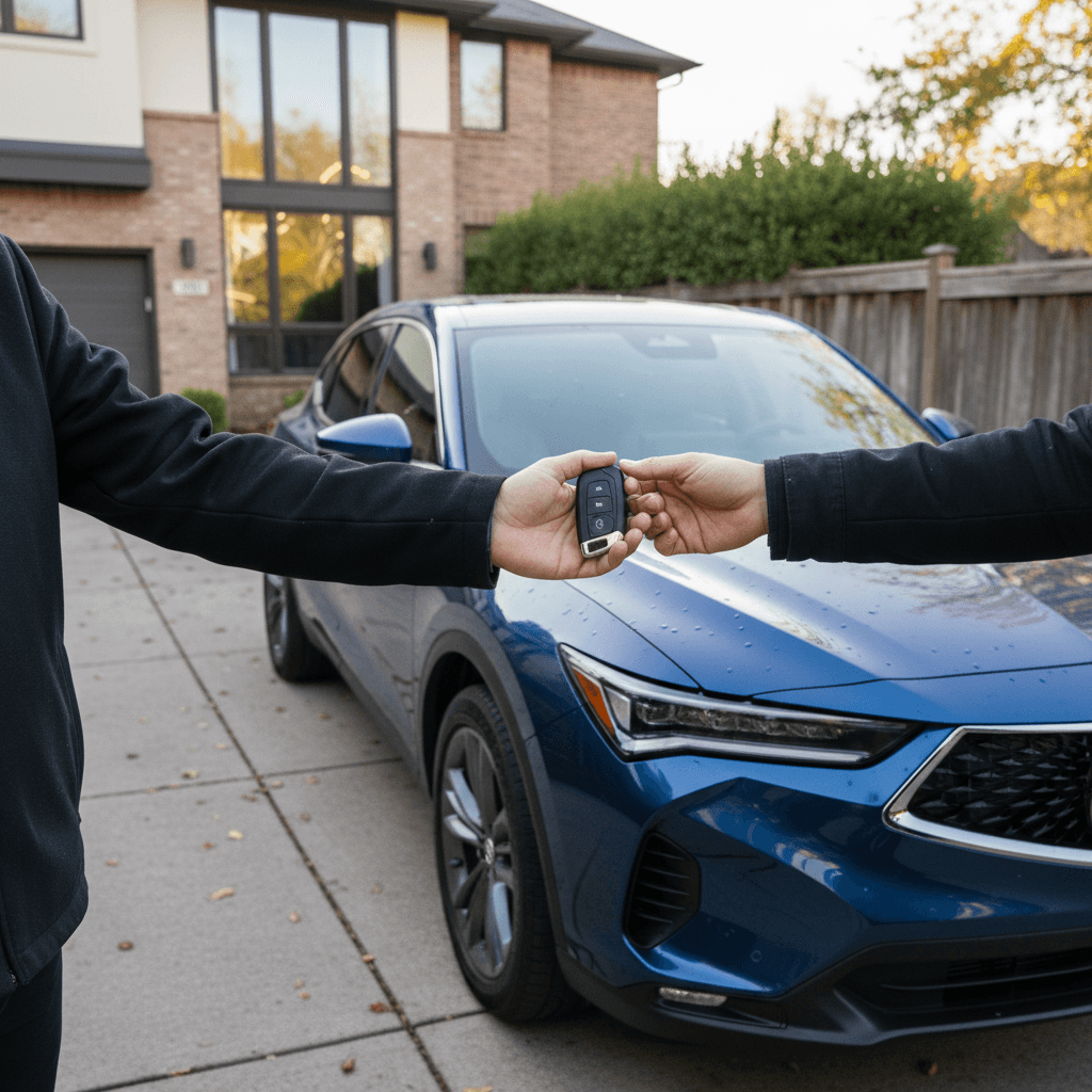 Owner handing keys to a buyer next to a parked Acura ZDX electric SUV in a residential driveway