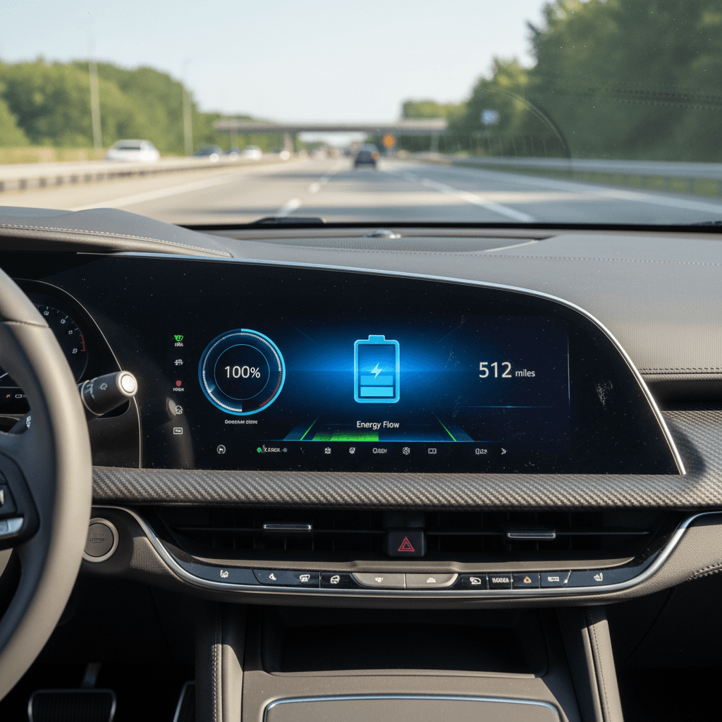 2026 Cadillac Lyriq driver display showing battery charge, efficiency and estimated remaining range while cruising on the highway