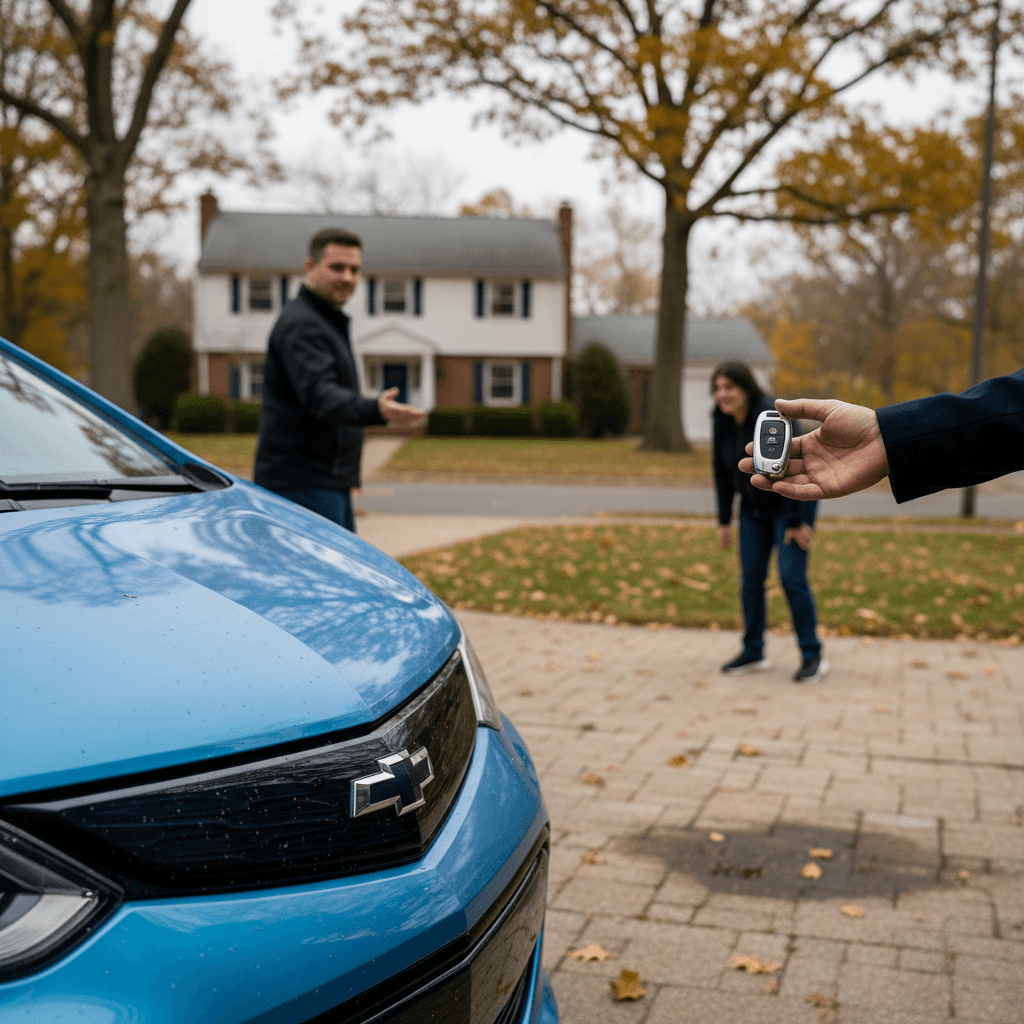 Seller handing keys to a buyer while standing next to a Chevrolet Bolt EV in a New Jersey driveway