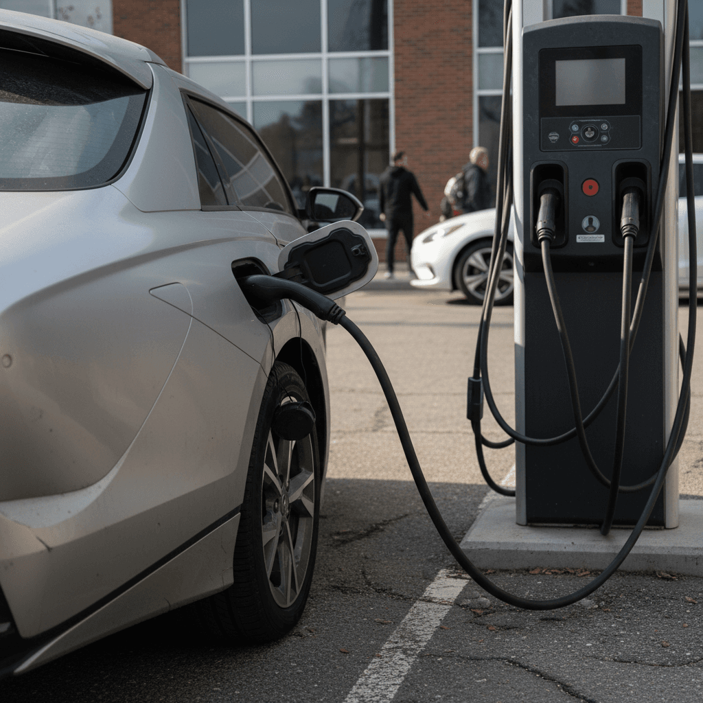 Used Hyundai Ioniq 6 plugged into a DC fast charger at a public charging station