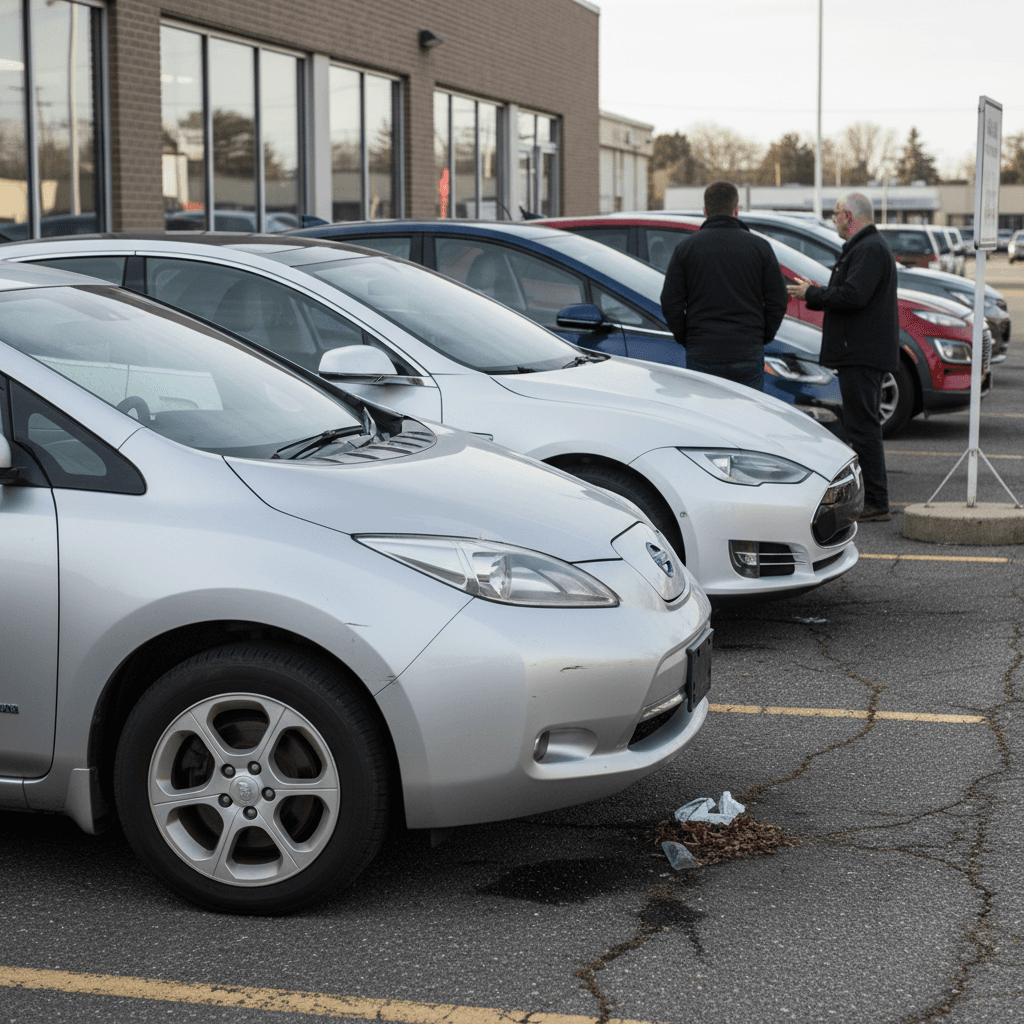 Row of used electric cars lined up in a dealership showroom