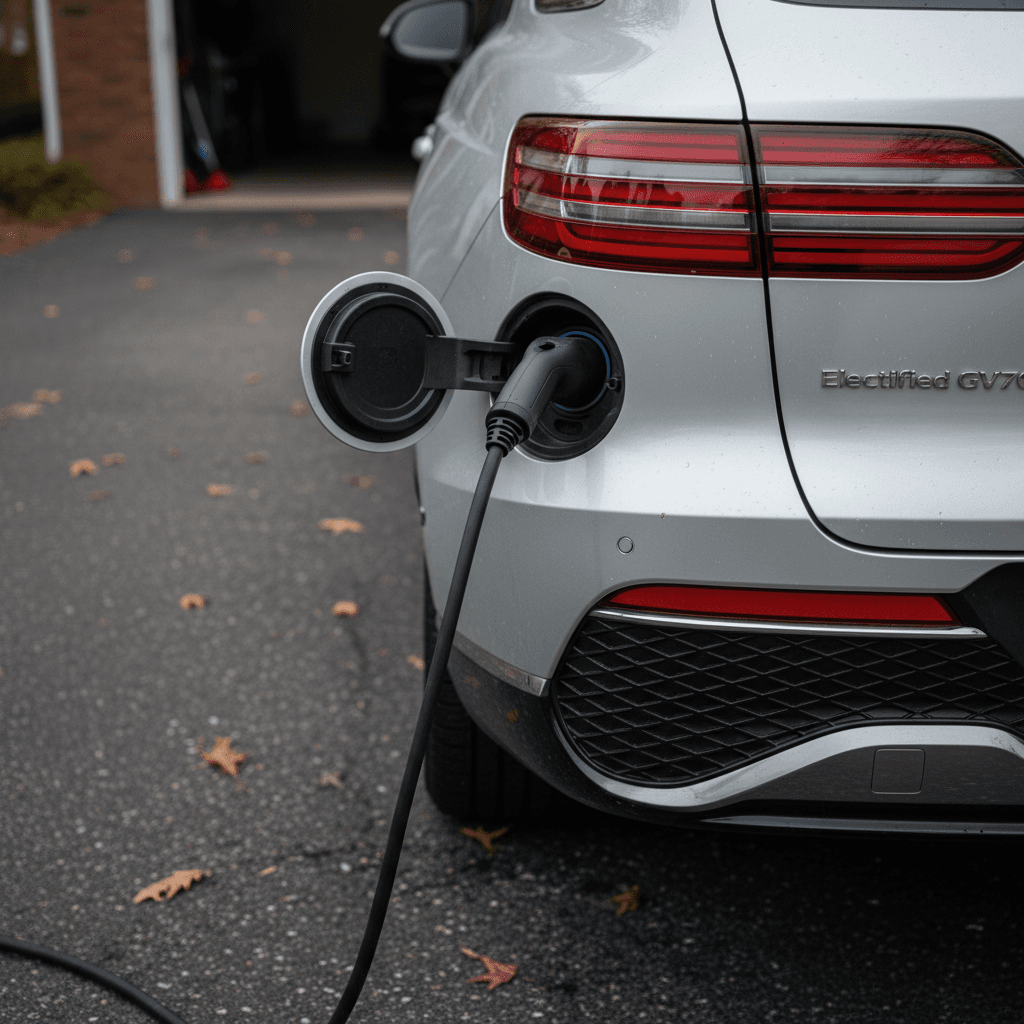 Genesis Electrified GV70 charging with rear badging visible, highlighting model identity