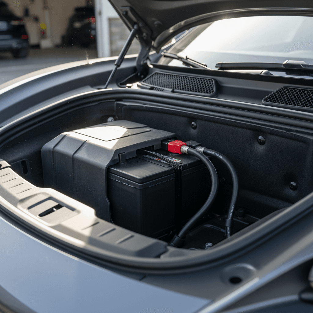 Porsche Taycan front trunk panels removed to show 12V battery and jump posts