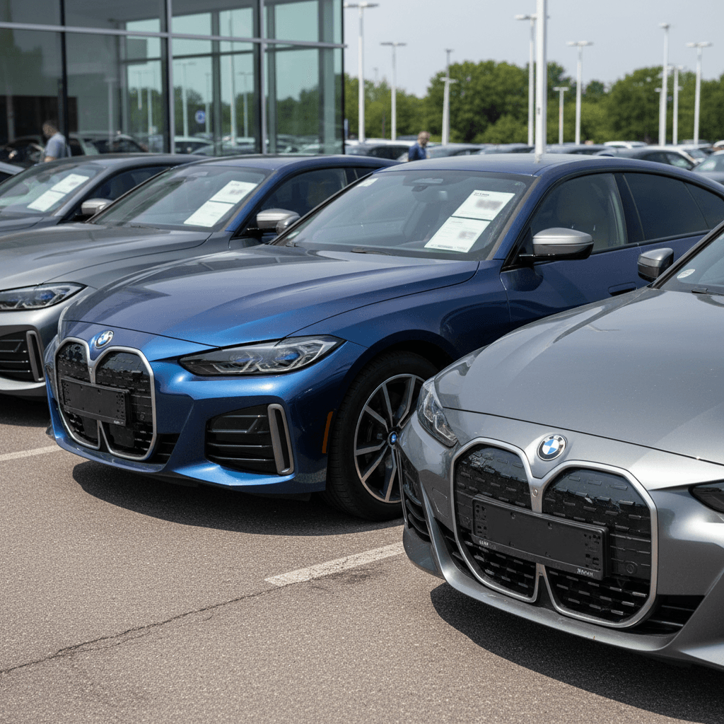 Line of used BMW i4 electric cars parked at a dealership, ready for appraisal and resale