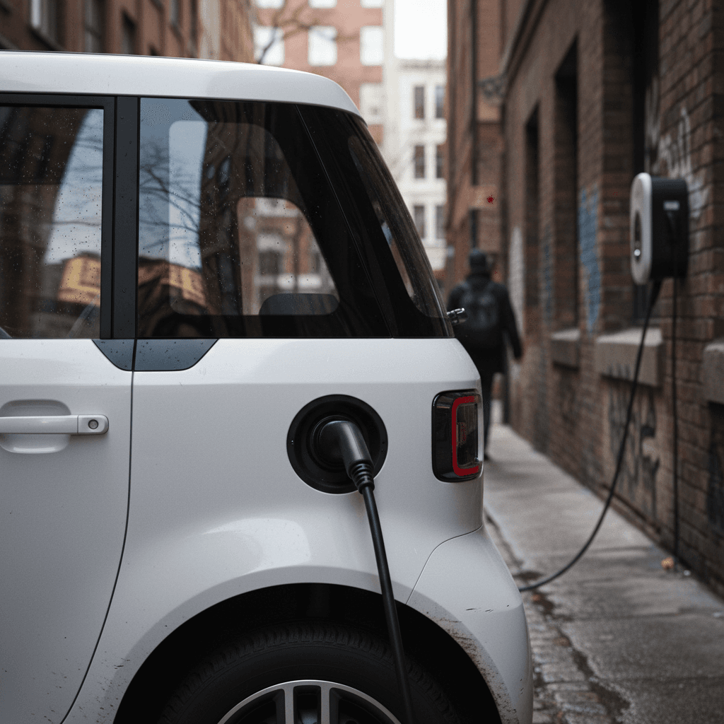 Compact electric car parked on a city street, illustrating the convenience of small EV cars in urban spaces.