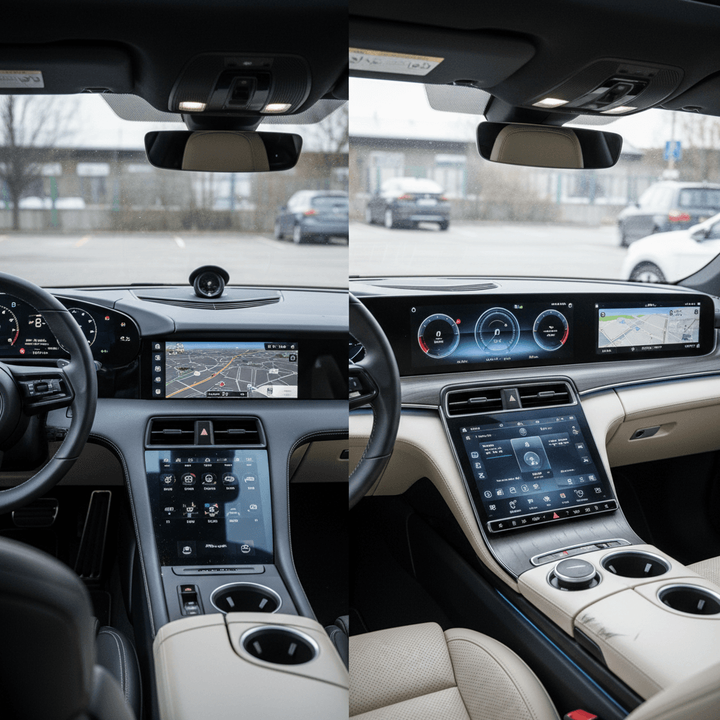 Side-by-side view of Porsche Taycan and Mercedes EQE interiors showing digital instrument clusters and center screens