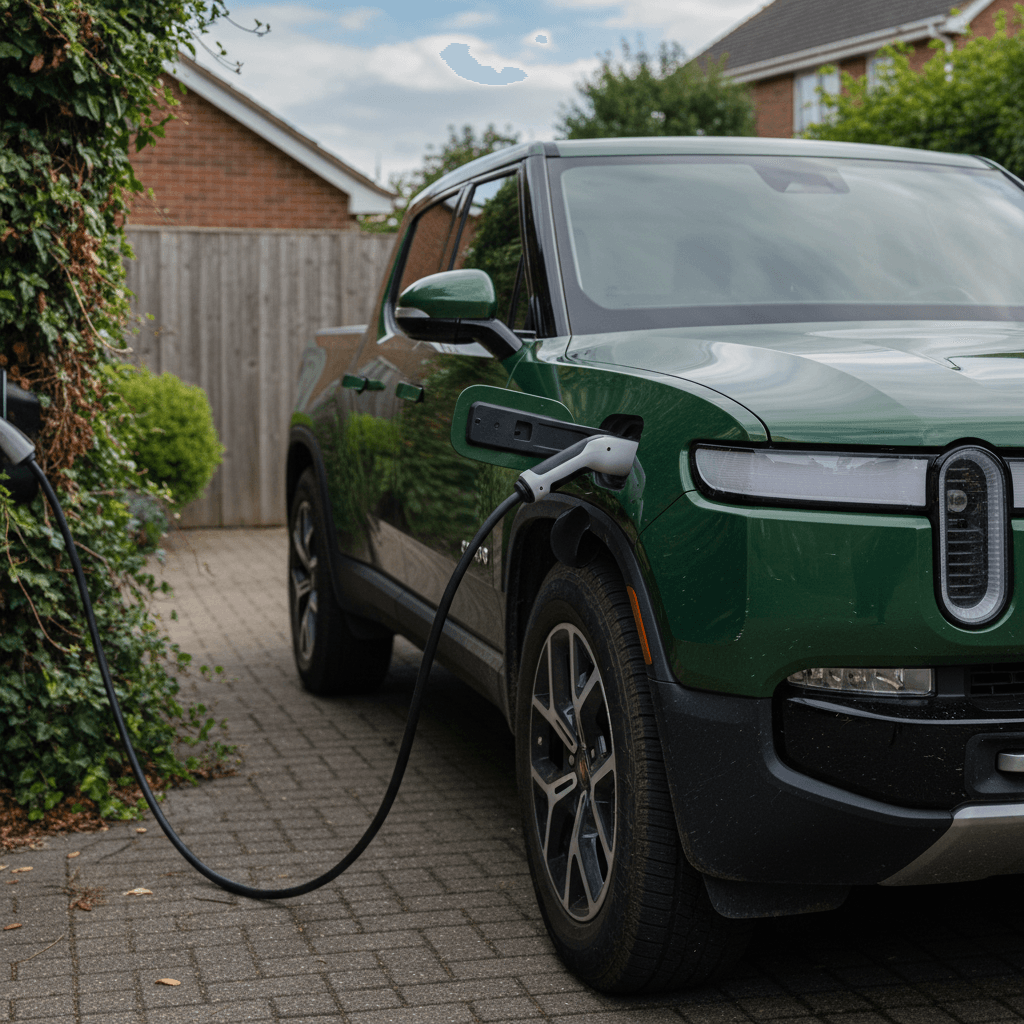 Used 2023 Rivian R1T plugged in to a home Level 2 charger in a suburban driveway
