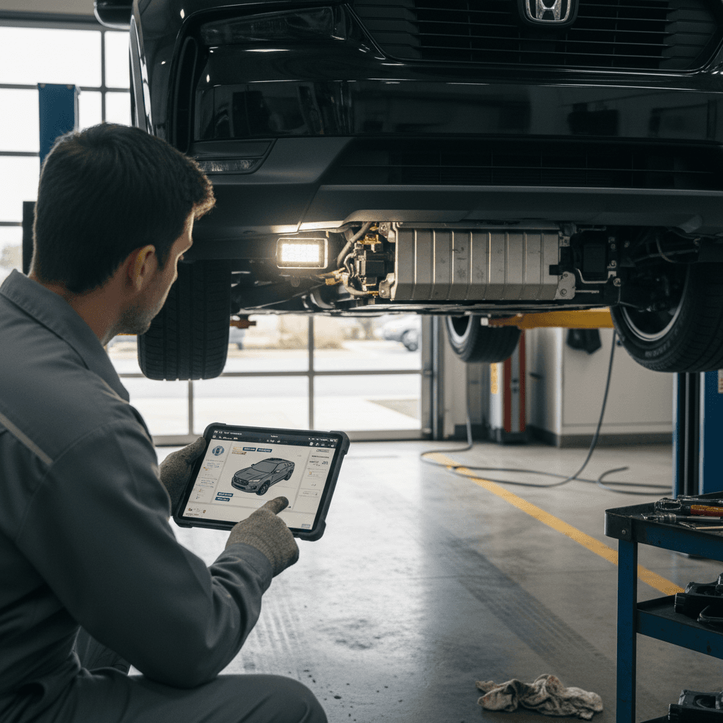 Technician explaining Honda Prologue high-voltage battery and diagnostic report to owner in a service bay