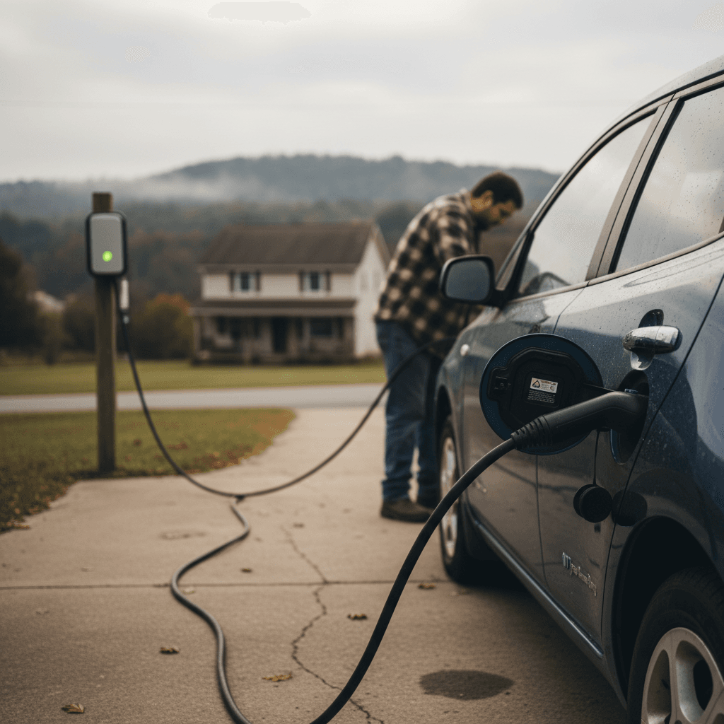 Homeowner in West Virginia plugging a used electric car into a wall-mounted Level 2 charger in a driveway