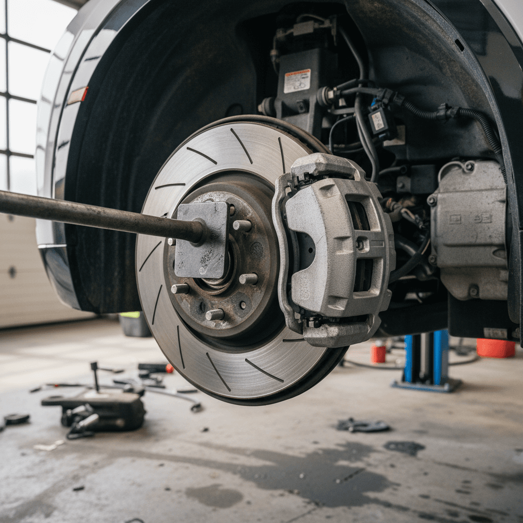 Technician replacing front brake pads on a lifted electric SUV in a service bay