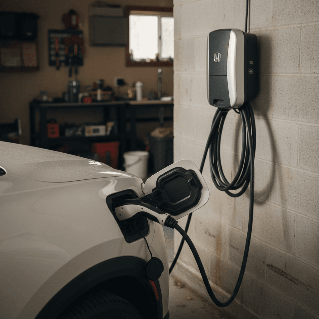 Honda Prologue plugged into a wall-mounted Level 2 charger in a residential garage, showing the charging port and cable clearly