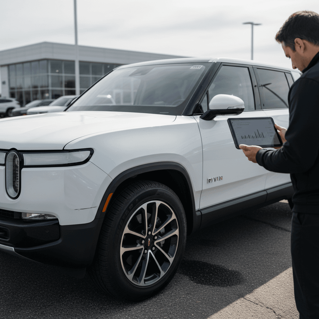 Salesperson using a tablet to appraise a used Rivian R1S trade‑in on a dealership lot