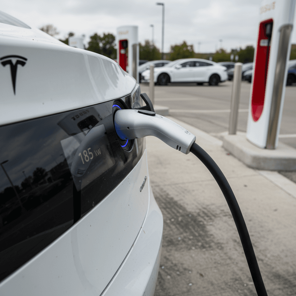 Tesla Model S plugged into a Supercharger stall showing charging speed on the display