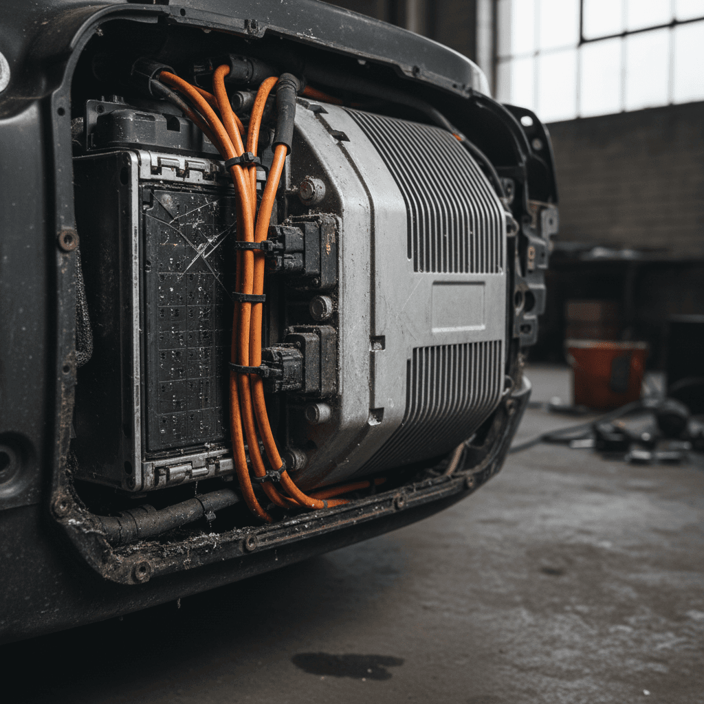 Bottom view of an electric car showing the large underbody battery pack