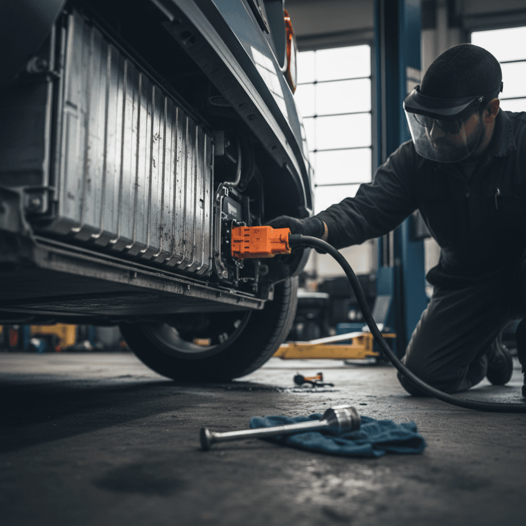 Technician working under an electric car on the high-voltage battery pack in a service bay