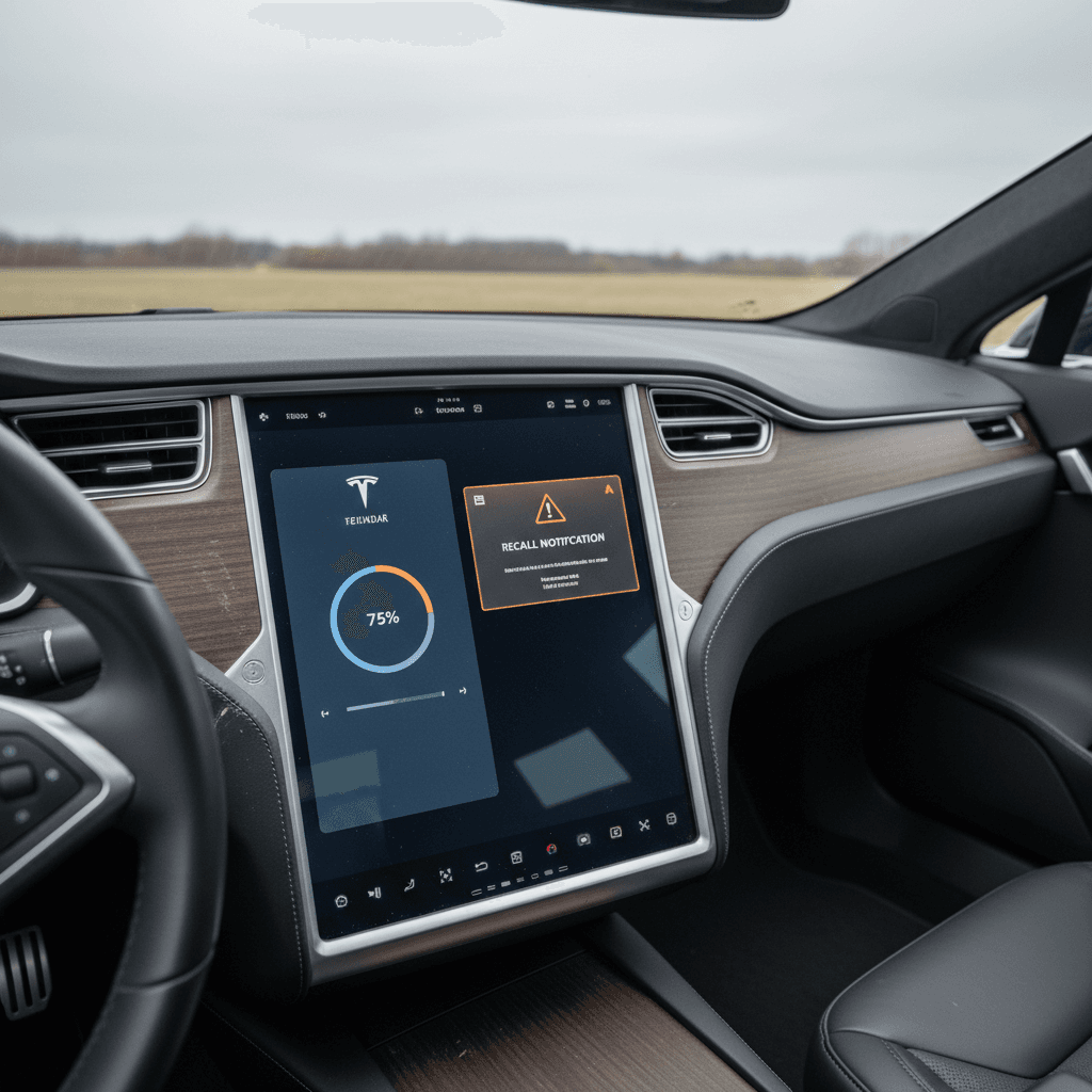 Tesla Model S interior screen showing an over-the-air software update with recall language in the release notes