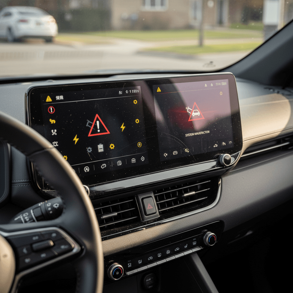 Interior view of a Nissan Ariya dashboard with twin screens displaying warning messages